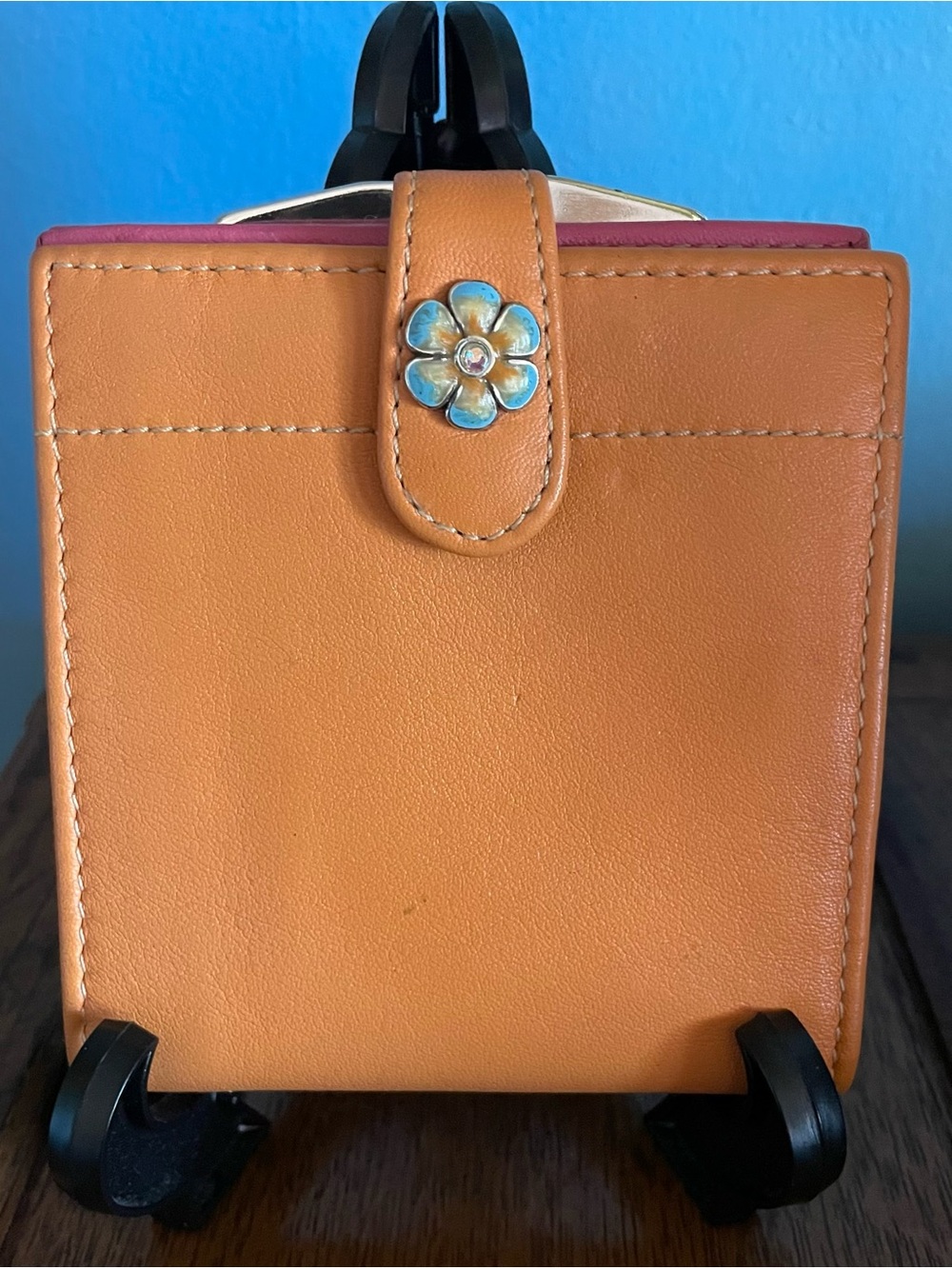 Brighton Compact Bifold Leather Warm Orange and Pink Wallet with Floral Snap